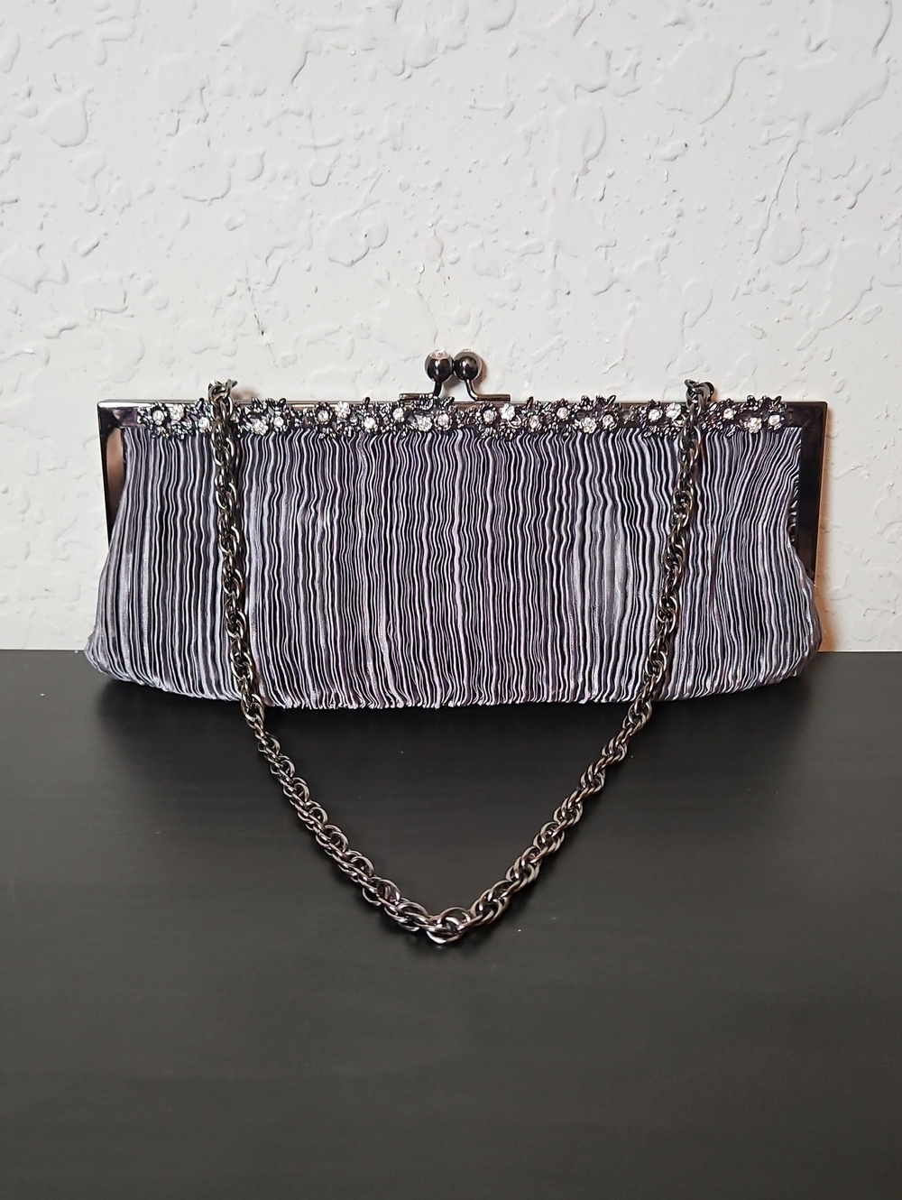 Kate Landry Evening Clutch, Pleated Fabric,Metallic Pewter